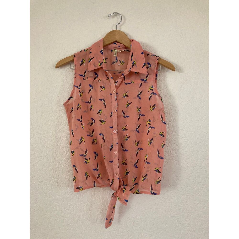Passport Women's Bird Print Tie Front Sleeveless Blouse Peach Pink Size Medium
